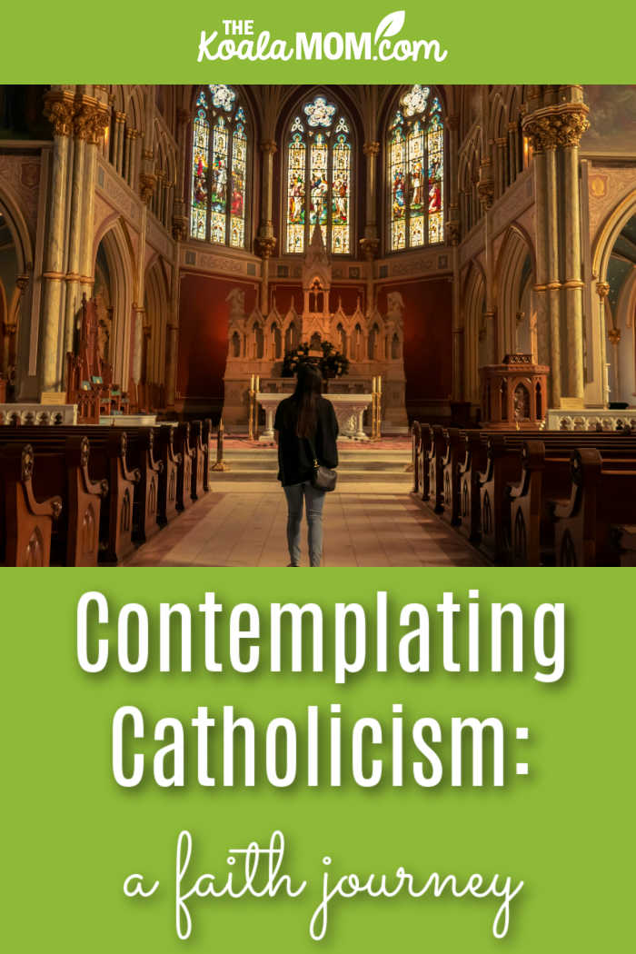 Contemplating Catholicism: a faith journey. Photo of woman standing in aisle of large Catholic church by David Besh via Pexels.