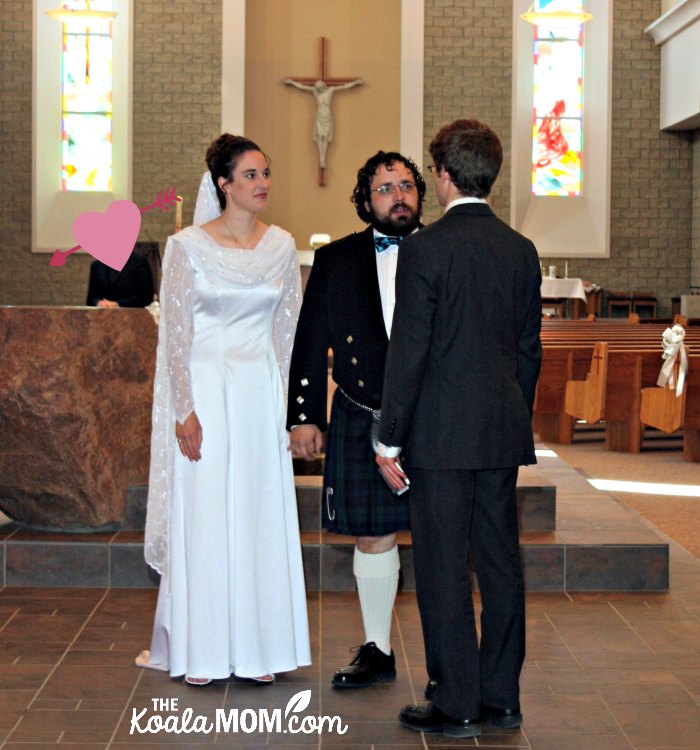 Bride and groom greeeting their wedding guests before the wedding.