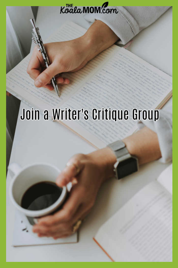 Join a Writer's Critique Group. Photo of writer holding a cup of coffee and scribbling in a journal by lil artsy via Pexels.