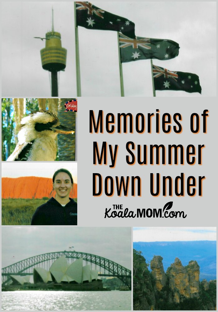 Memories of My Summer Down Under - a collage of photos showing three Australian flags flying in front of the Sydney Tower, a kookaburra, the writer in front of Uluru, the Sydney Opera House in front of the Sydney Harbour Bridge, and the Three Sisters in the Blue Mountains.