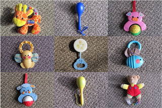 Photo typology of nine baby rattles