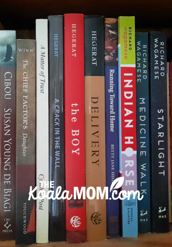 Bookshelf of Canadian novels, including novels by Richard Wagamese and Betty Jane Hegerat. Photo by Bonnie Way.
