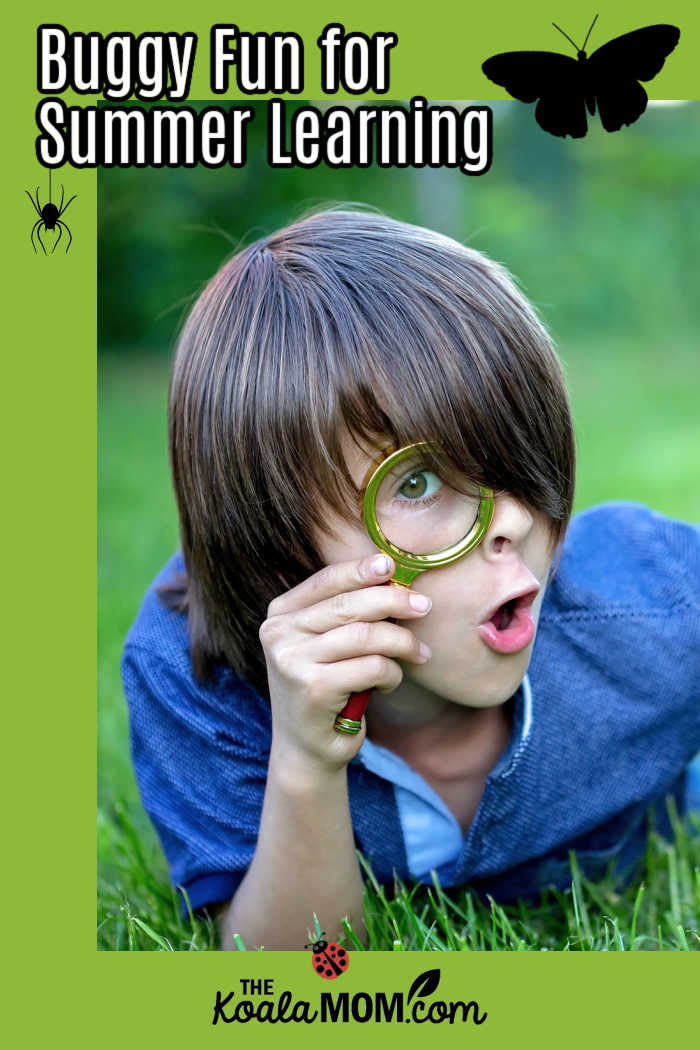 Buggy Fun for Summer Learning. Photo of a child with a magnifying glass laying in the grass via Depositphotos.