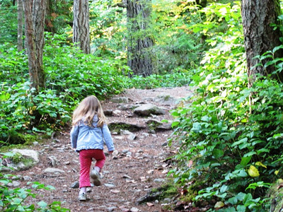 Toddler hiking the trestle trail at Goldstream Park