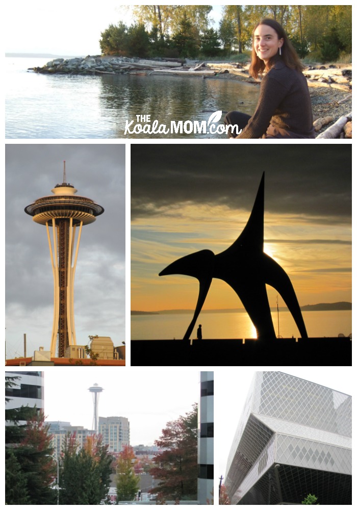 Seattle Washington - a collage of the Space Needle, Library, beach, and more