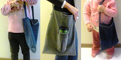 My new DIY shoulder bag, made from an old pair of cargo pants, and bags for the girls