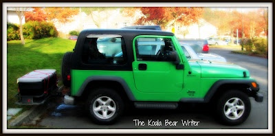 Our bright green Jeep TJ with a hitch and basket on the back