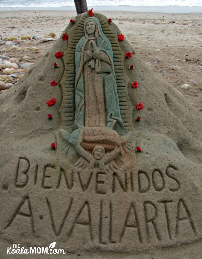 Sand sculpture of Our Lady of Guadalupe ("Bienvenidos a Vallarta") in Puerto Vallarta, Mexico