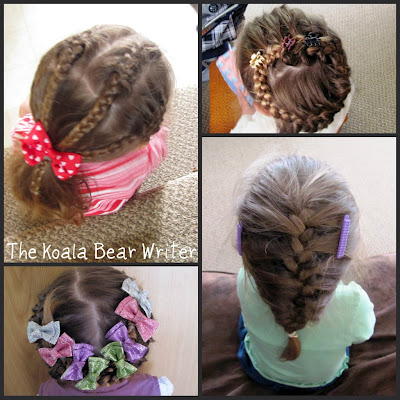 Four different hairstyles in a brown-haired girl's hair.