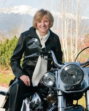 author Nancy Rue on a motorcycle