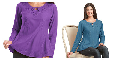 Models wearing the same purple and blue gypsy-style top from HolyClothing