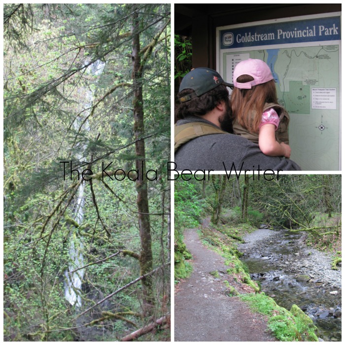 collage of waterfall and trail near Goldstream