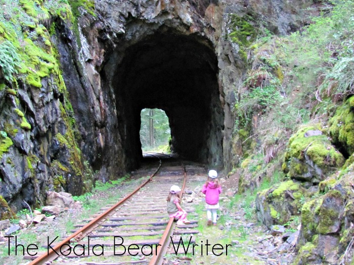 two girls looking at the Goldstream train tunnel