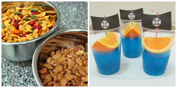 Pirate Party Snacks - goldfish crackers and jello bowls with orange boats on top