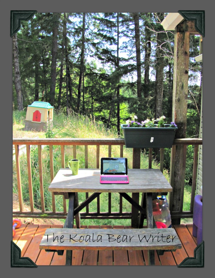 My Outdoor Office (netbook on a picnic table on a deck, overlooking a kids' playhouse)