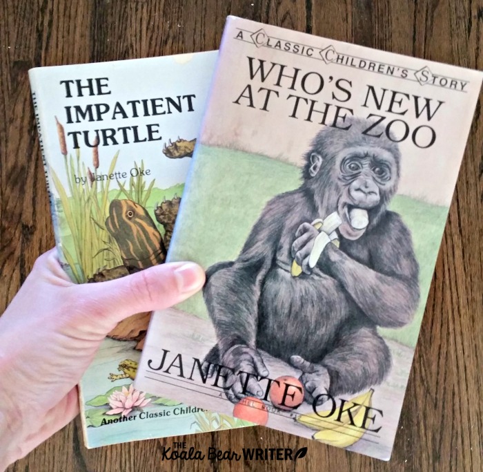 Janette Oke's kids books Who's New at the Zoo and The Impatient Turtle.