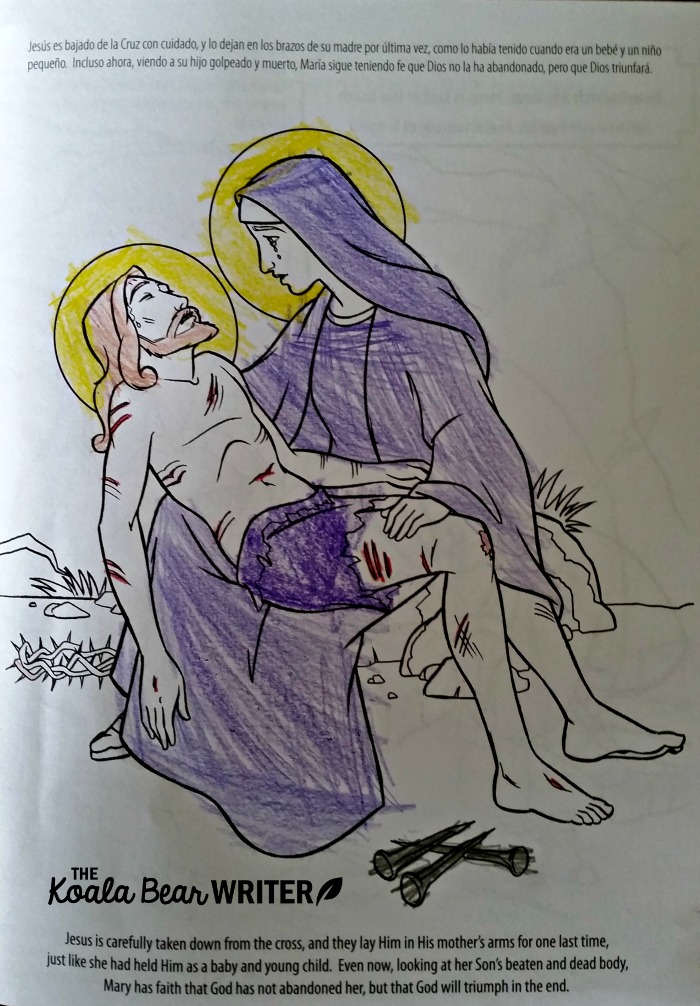 A page Sunshine colored in her Holy Heroes Lenten coloring book