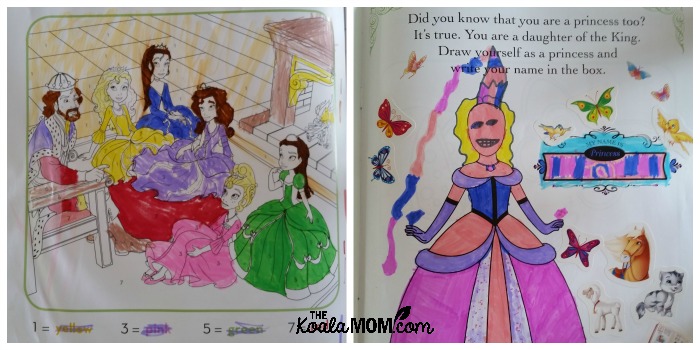 Sunshine colours her princess activity book.