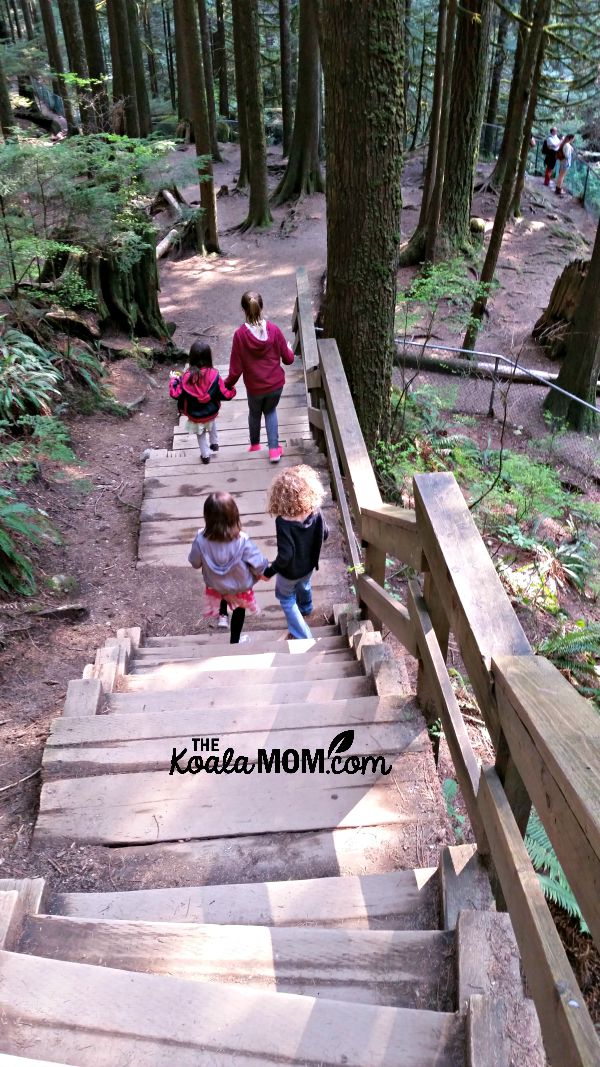 Cousins hiking down the stairs at Lynn Canyon