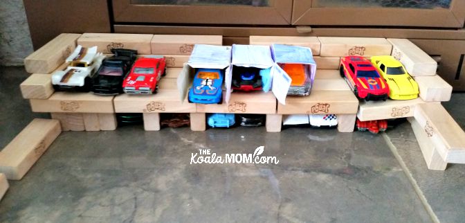 HotWheels garage with Jenga blocks