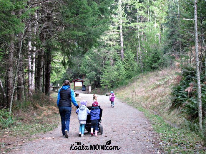 Mom and girls pushing stroller along the Kinsol Trestle Trail