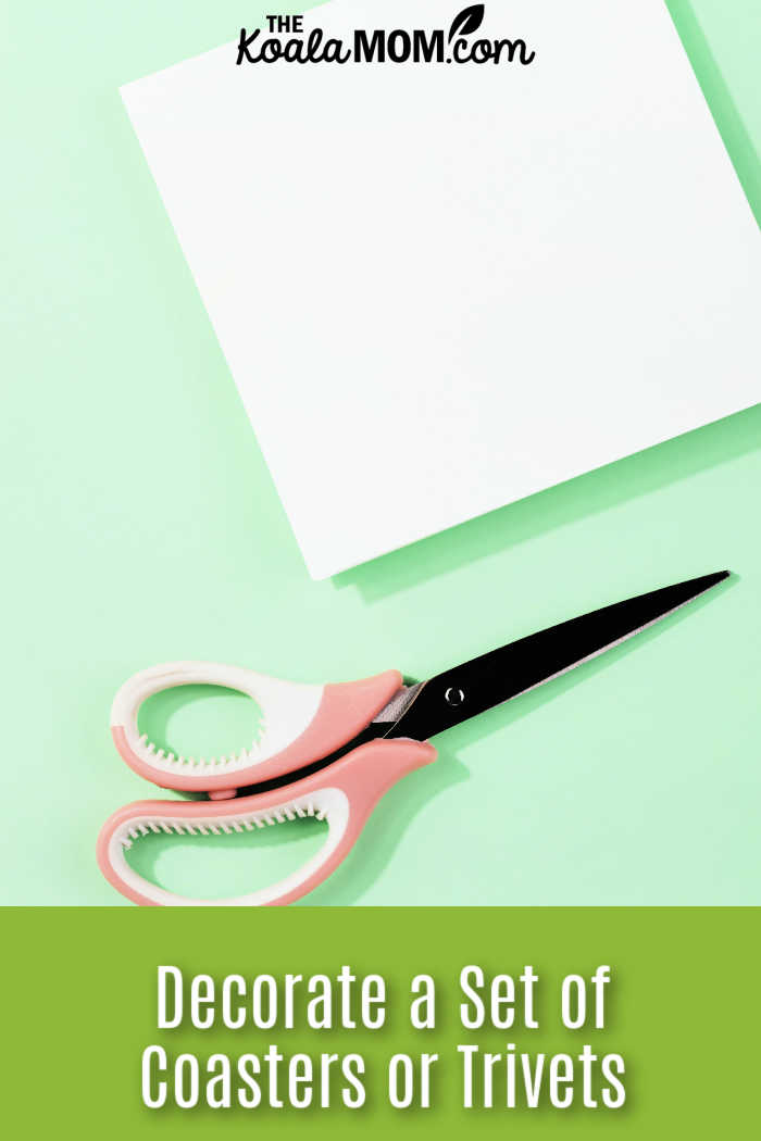 Decorate a Set of Coasters or Trivets. Photo of blank white tile and pink scissors on turquoise background by https://kaboompics.com/ via Pexels.
