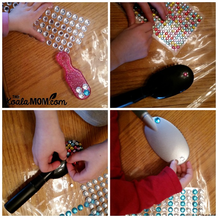 Girls decorating their hairbrushes with self-adhesive rhinestones