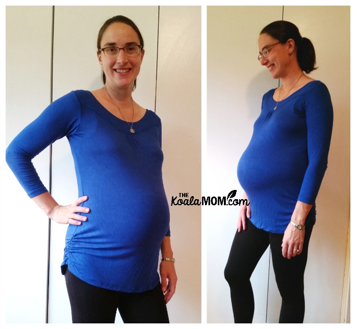 Blue maternity top and black leggings from Grace Maternity