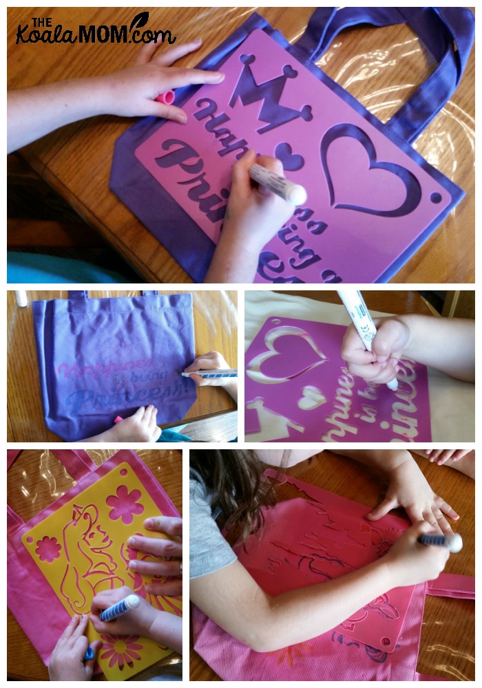 Girls decorating their canvas tote bags with princess stencils and fabric markers