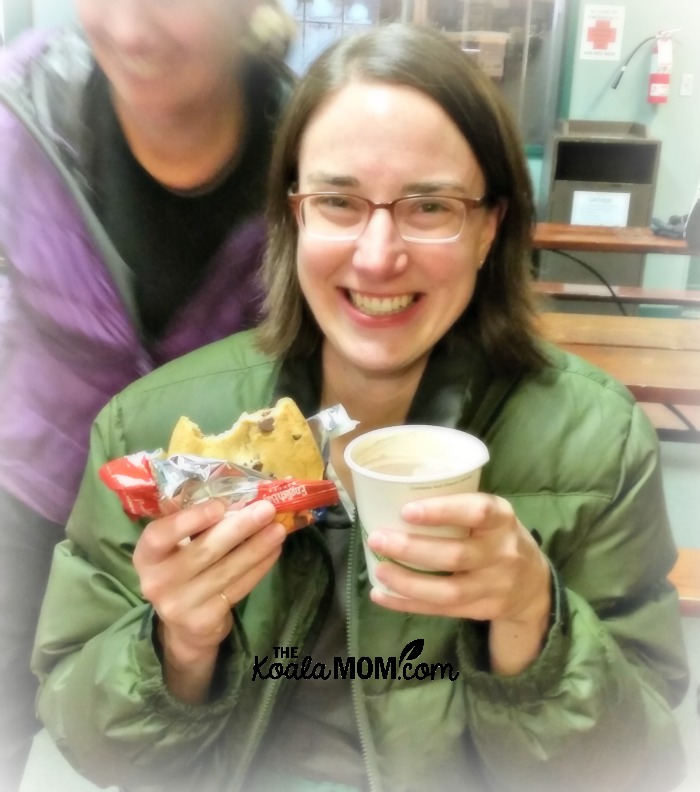 Bonnie Way with a hot chocolate and cookie at the Cypress Mountain Cafe