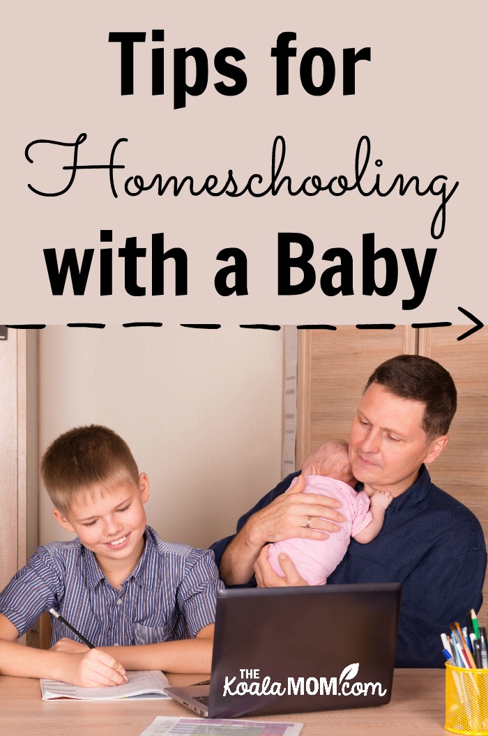 Tips for homeschooling with a baby (dad holding baby watches son do schoolwork)