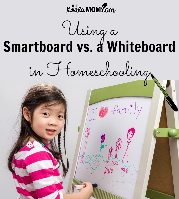Using a smarboard vs. a whiteboard in homeschooling (cute girl standing at a whiteboard drawing a picture)