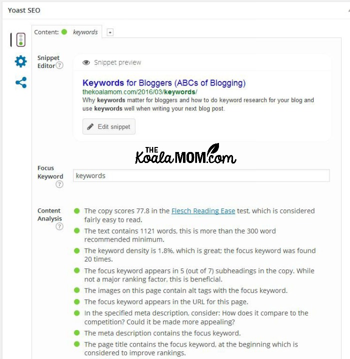 Yoast SEO on my Keywords for Blogger post