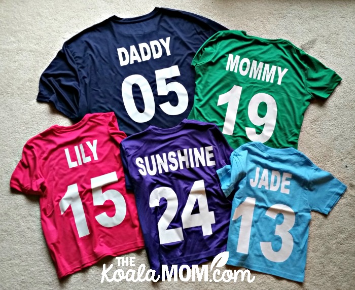 Way Family sports team jerseys from Bravo Apparel - six multi-coloured jerseys with the names Mommy, Daddy, Lily, Sunshine and Pearl