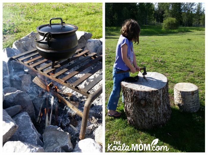 Boiling coffee over a fire, while a girl chops wood for the fire