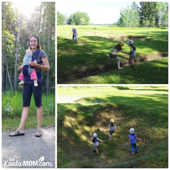 Girls playing in the fort remains at Rocky Mountain House National Historic Site