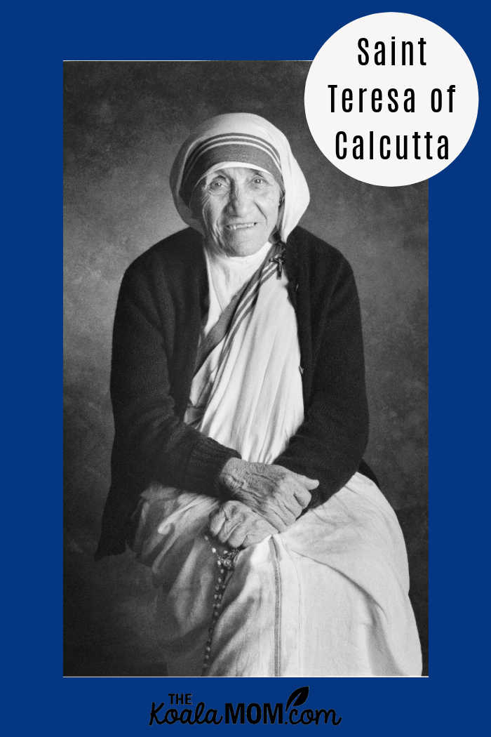 Saint Teresa of Calcutta: a biography. Image of smiling, seated Mother Teresa via https://www.motherteresamovie.com/press