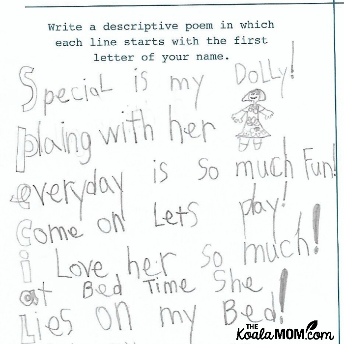 "Special is my Dolly! Playing with her Everyday is so much fun! Come on Let's Play! I love her so much! At bed time she Lies on my bed!" A writing prompt from 642 Big Things to Write Aoubt: Young Writer's Edition