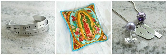 Faith and Fabric rosary pillow and metal stamping