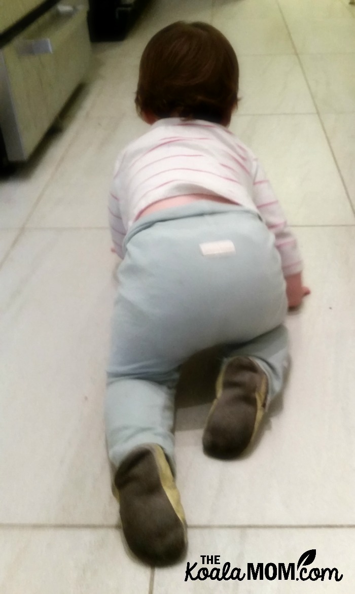 Baby crawling through kitchen while wearing Kooshoo pants