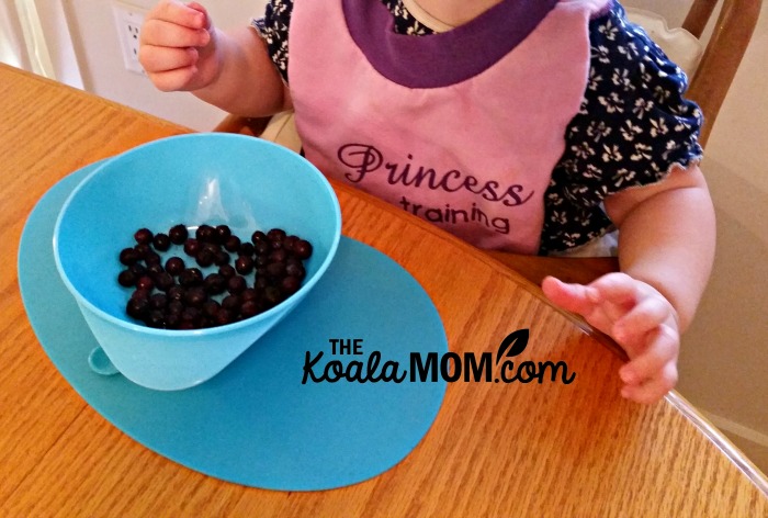Pearl eating blueberries with her baby mealtime products from Tommee Tippee