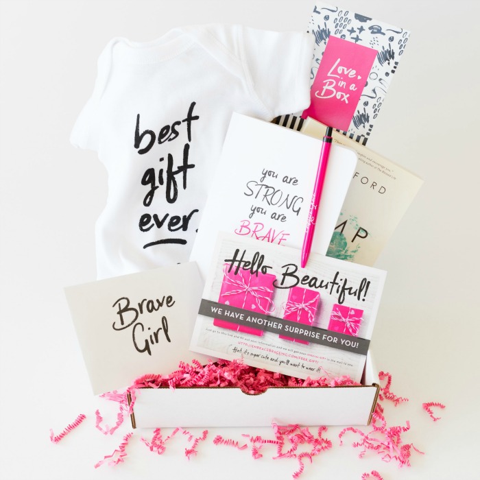 Love in a Box from Embrace Grace, with a journal, book, letters, onesie and more for young, single moms
