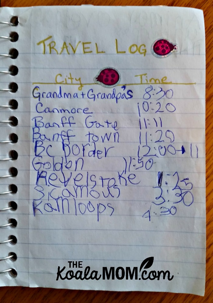Travel log in Sunshine's road trip notebook