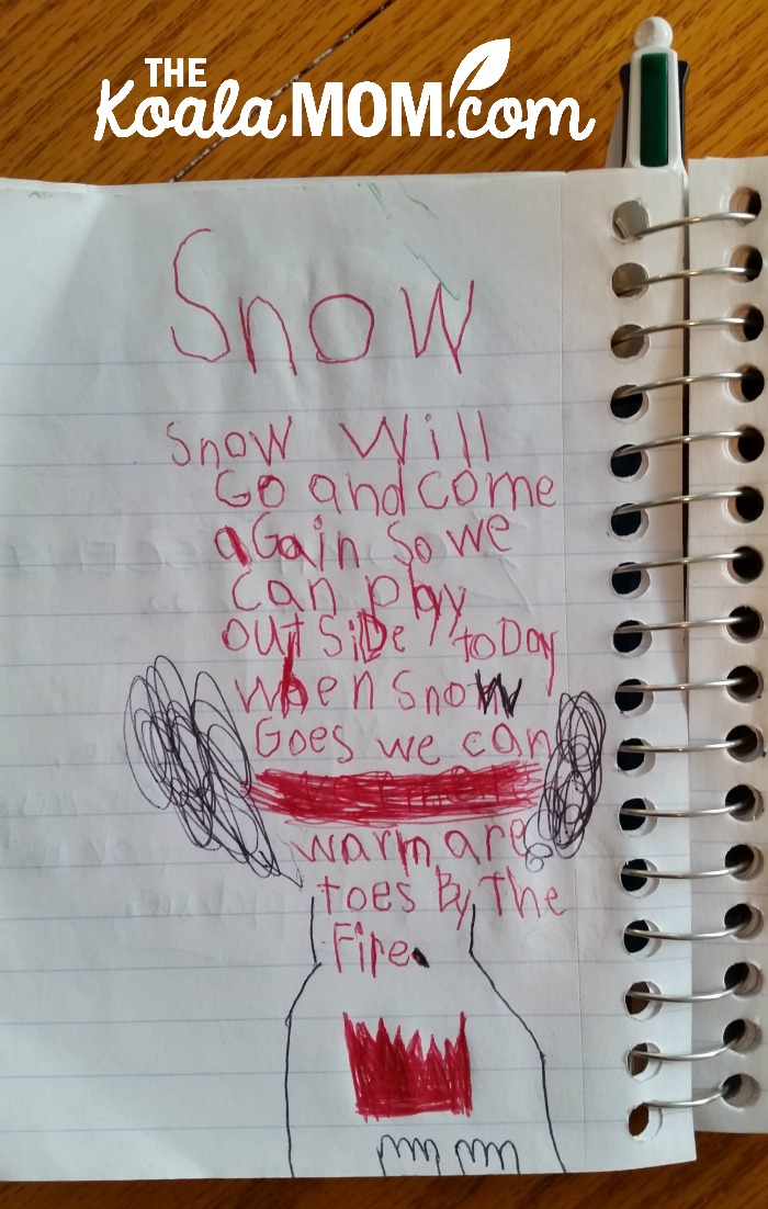 Snow poem by Lily in her road trip notebook