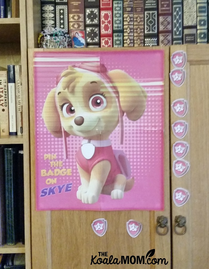 Pin the badge on Skye birthday party game