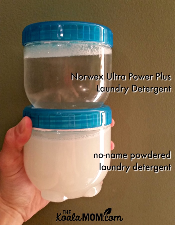 Norwex Ultra Power Plus Laundry Detergent compared to a no-name brand powdered laundry detergent