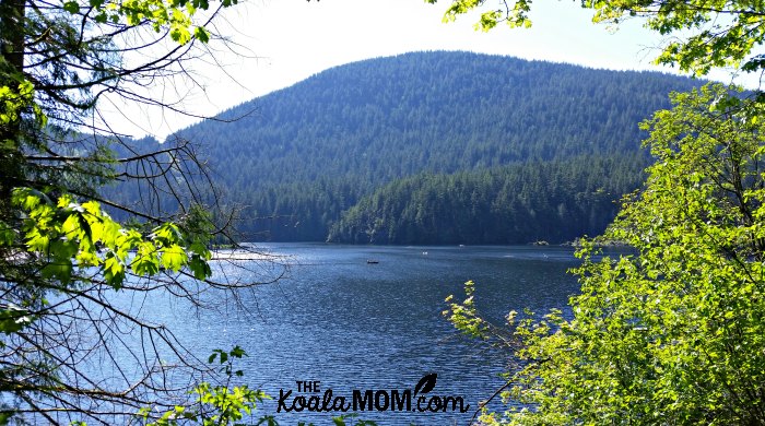 Boats on Buntzen Lake, one of our favourite family-friend hikes around Greater Vancouver