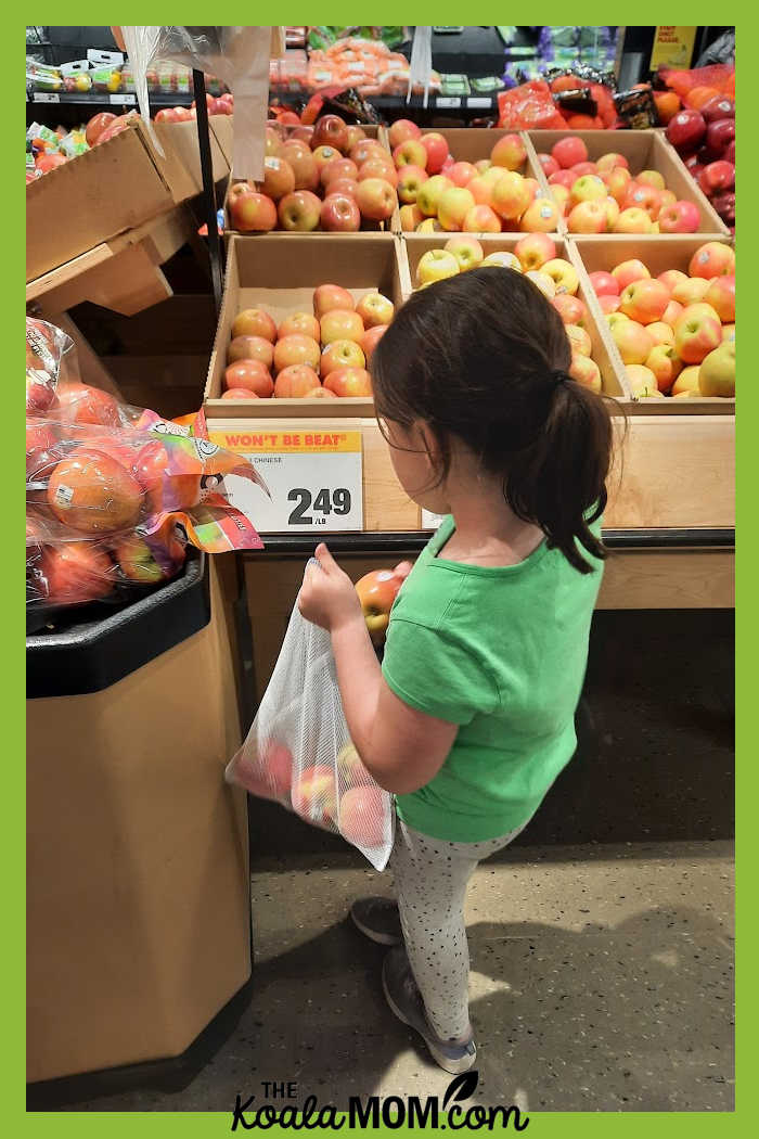 8-year-old girl bags apples at the grocery store.