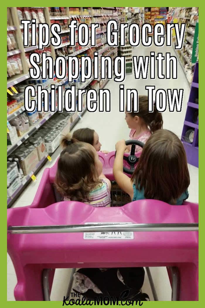 Tips for Grocery Shopping with Children in Tow. (Four children sit in a pink car grocery buggy in a grocery store.)