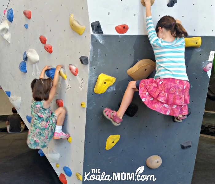 Sunshine and Lily (ages 7 and 4) bouldering together at Project Climbing Cloverdale